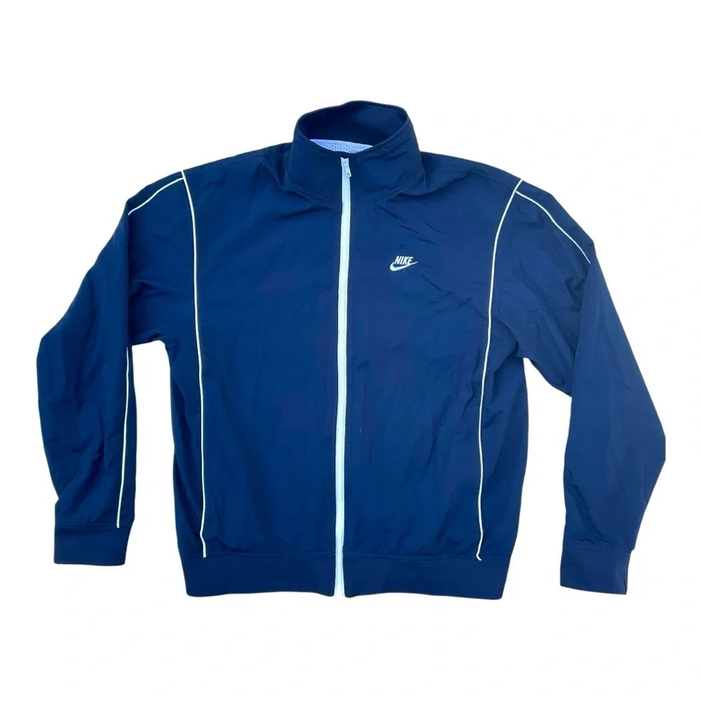 🌀 Nike Sportswear Track Jacket Mens L Blue White Piping Lined Vintage Y2K Vibes